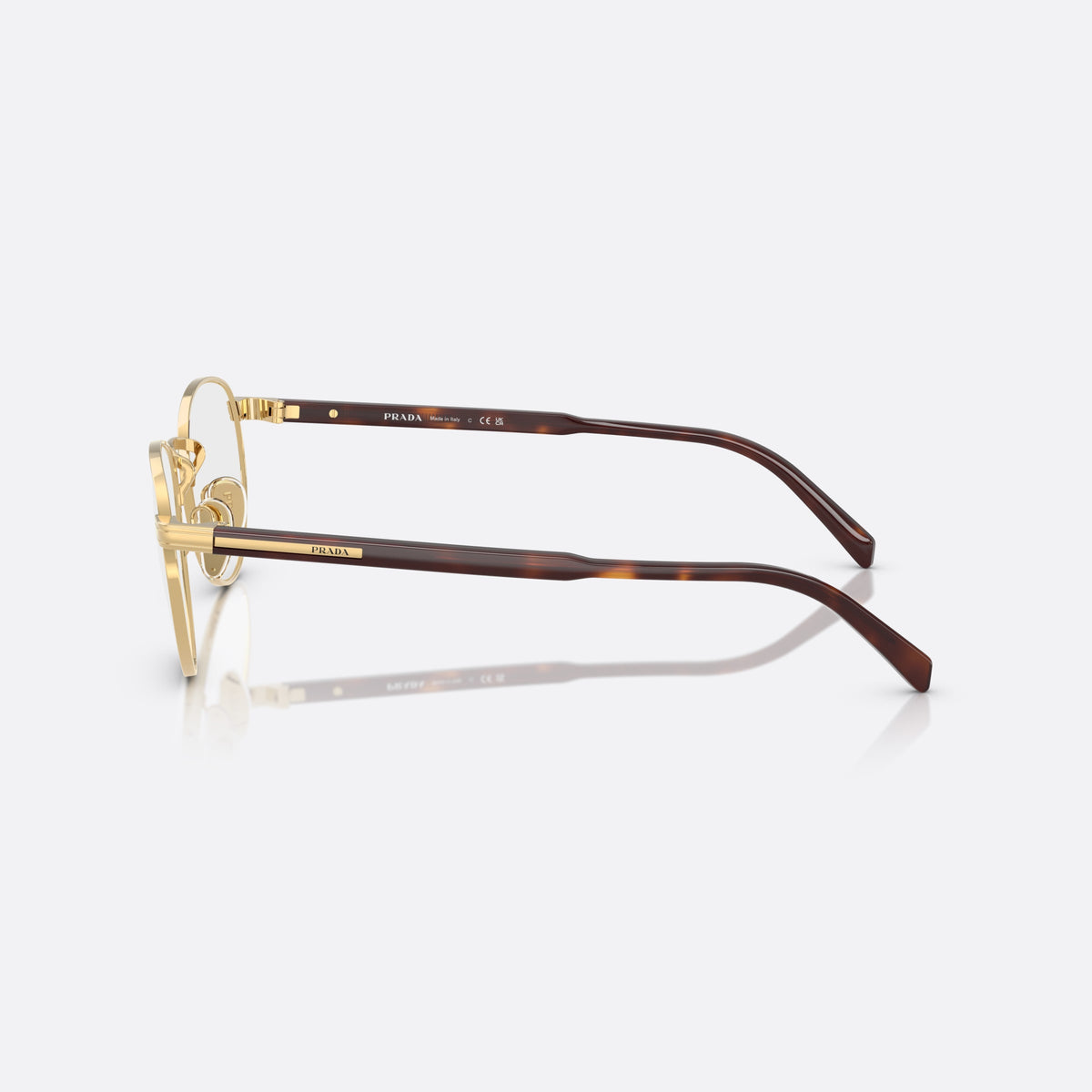 Prada PR B52V 5AK1O1 eyeglasses, gold visor frame for men, plain metal bridge, brand lettering on temples, side view