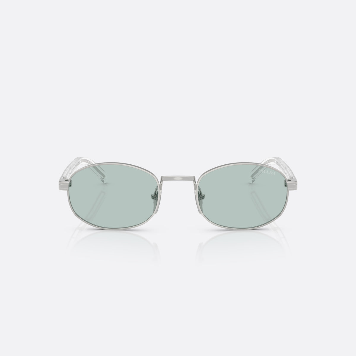 Prada PR B53S 1BC40N sunglasses, silver oval frame for women, plain metal bridge, brand lettering on temples, front view