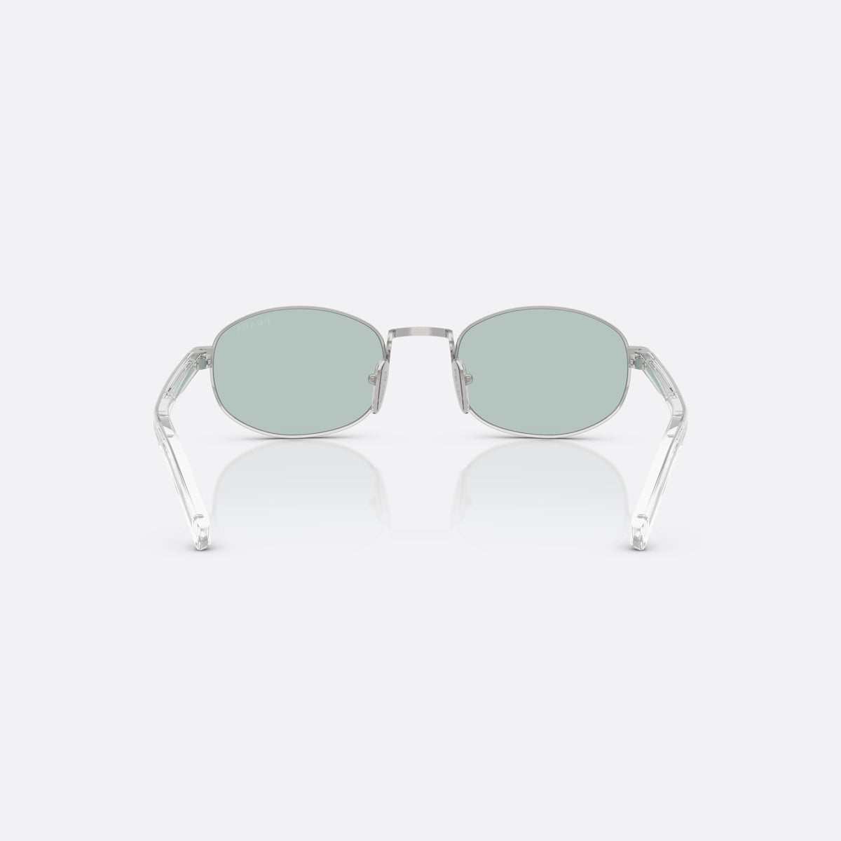 Prada PR B53S 1BC40N sunglasses, silver oval frame for women, plain metal bridge, brand lettering on temples, back view