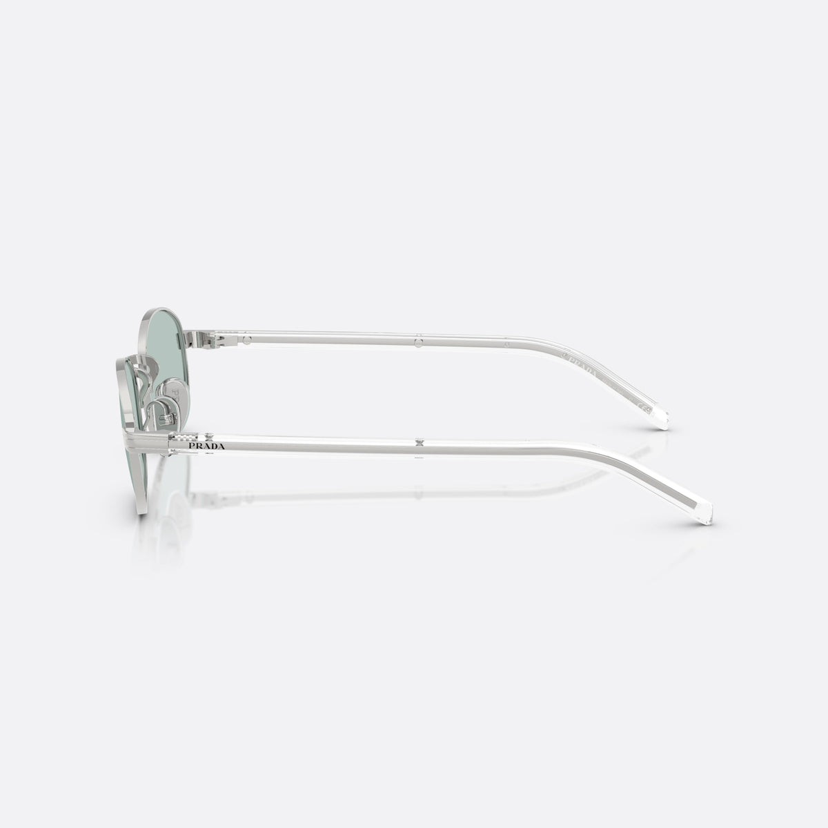 Prada PR B53S 1BC40N sunglasses, silver oval frame for women, plain metal bridge, brand lettering on temples, side view