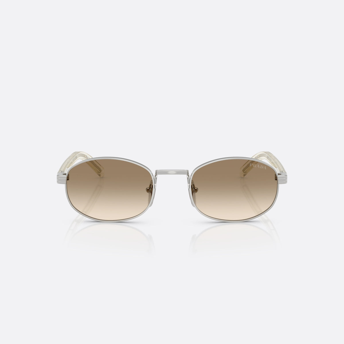 Prada PR B53S 1BC80K sunglasses, silver oval frame for women, plain metal bridge, brand lettering on temples, front view