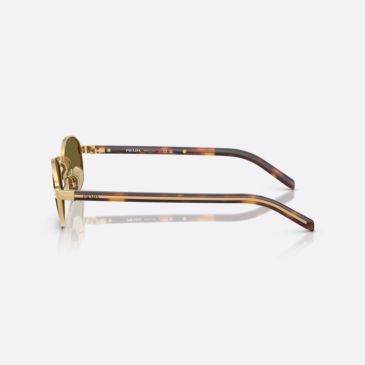 Prada PR B53S 5AK09Z sunglasses, gold oval frame for women, plain metal bridge, brand lettering on temples, side view