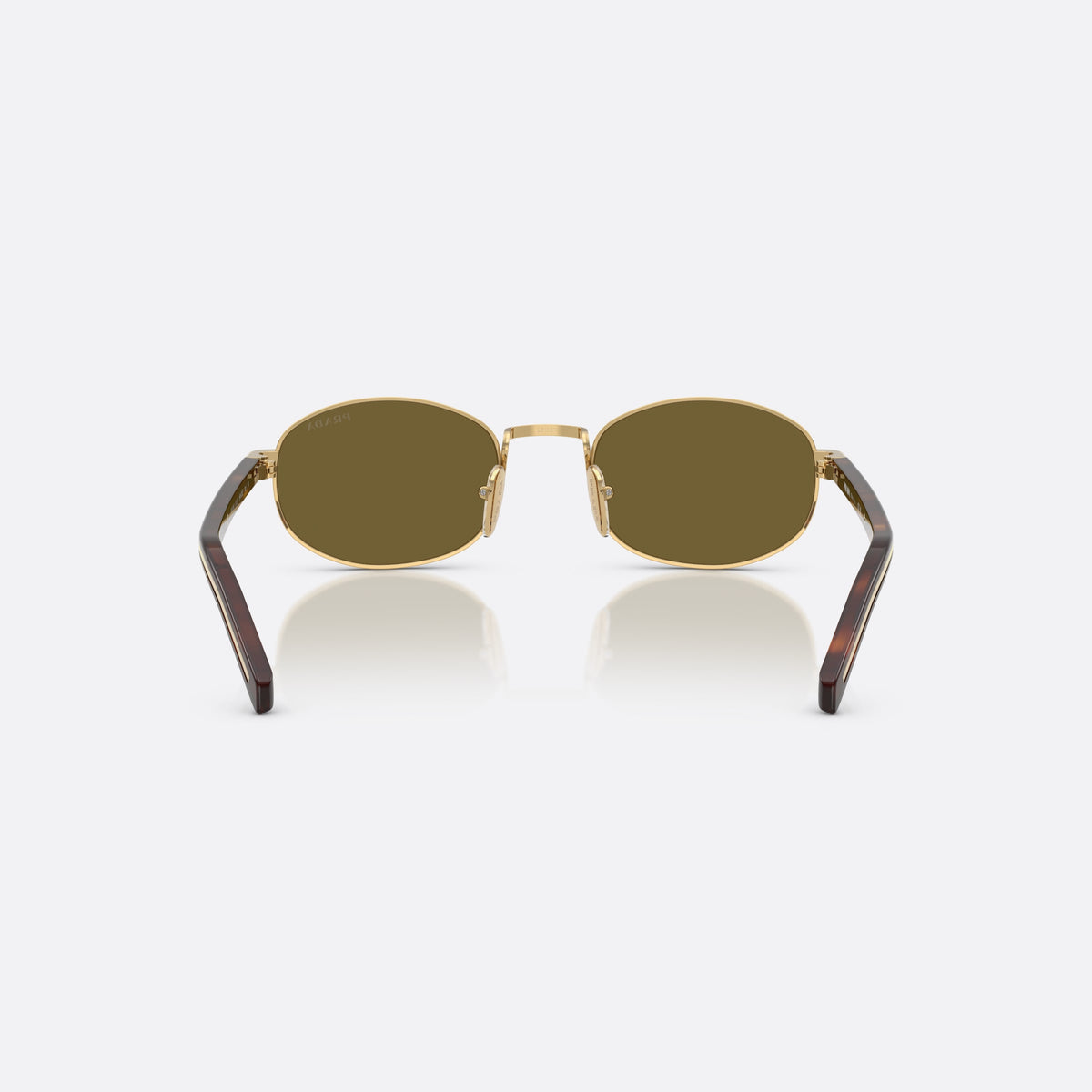 Prada PR B53S 5AK09Z sunglasses, gold oval frame for women, plain metal bridge, brand lettering on temples, back view