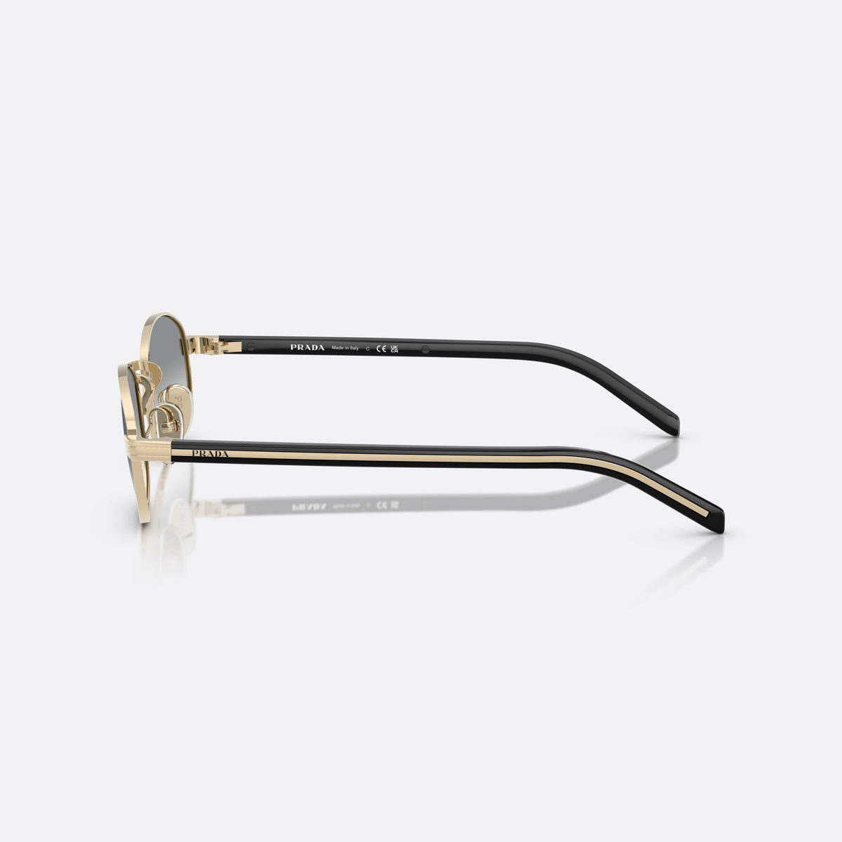 Ochelari de soare Prada PR B53S ZVN02C, ovali auriu, pentru femei, punte metalică simplă, literele brandului pe brațe, vedere laterală