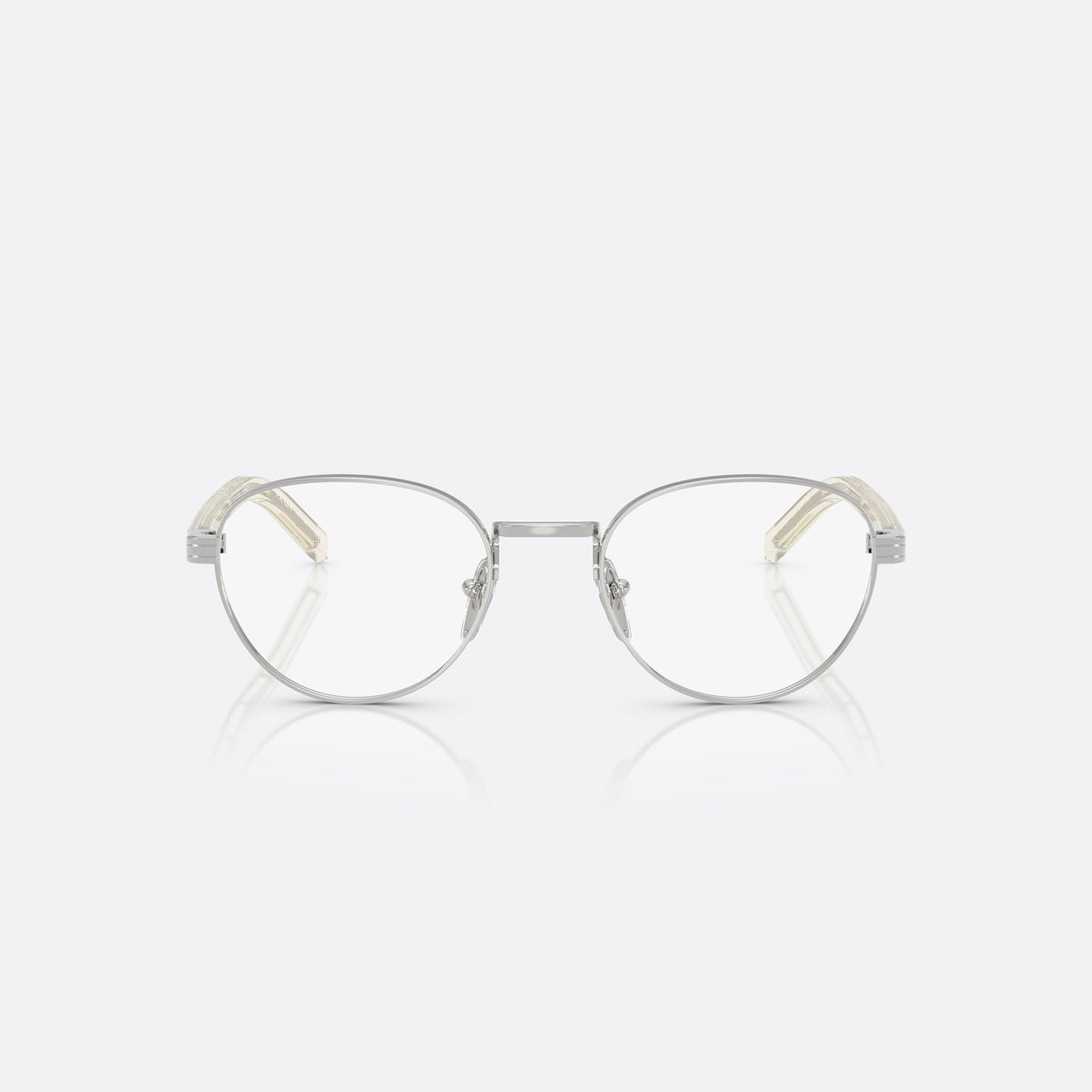 Rame ochelari de vedere Prada PR B53V 1BC1O1, rotunzi argintiu, pentru femei, punte metalică simplă, literele brandului pe brațe, vedere din față