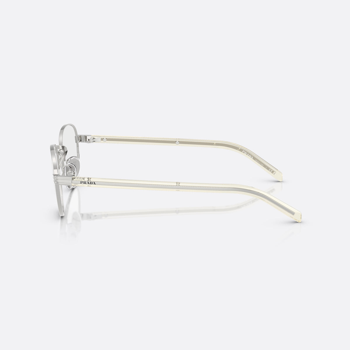 Rame ochelari de vedere Prada PR B53V 1BC1O1, rotunzi argintiu, pentru femei, punte metalică simplă, literele brandului pe brațe, vedere laterală