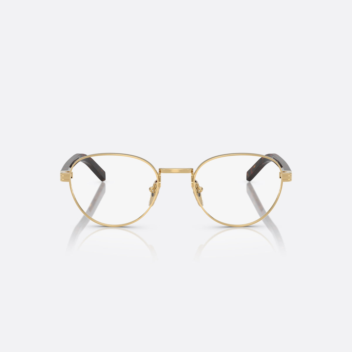 Prada PR B53V 5AK1O1 eyeglasses, gold round frame for women, plain metal bridge, brand lettering on temples, front view