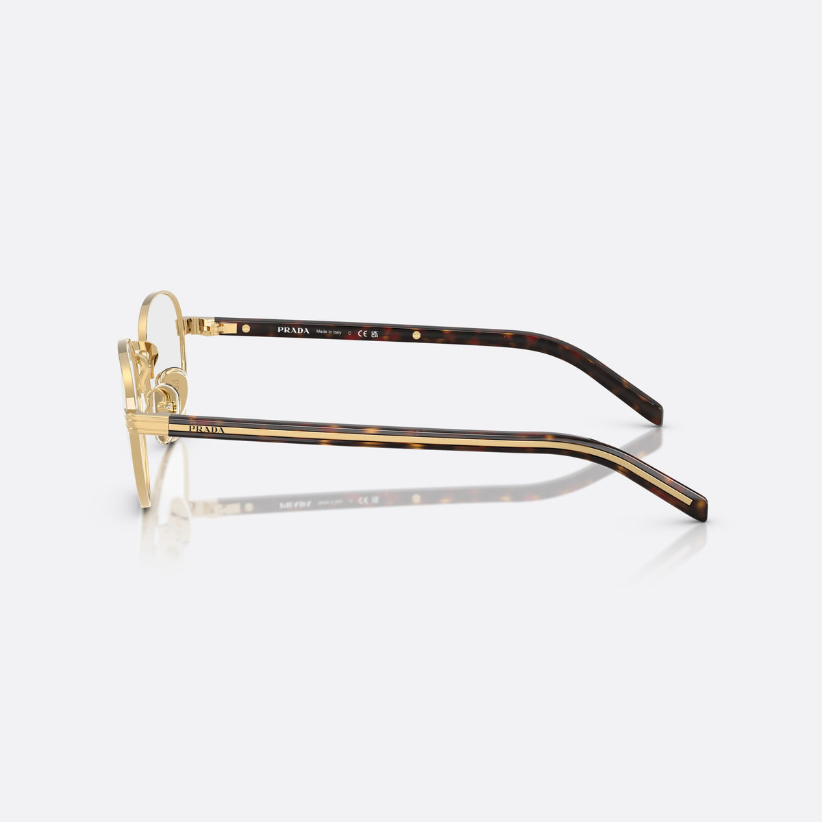 Prada PR B53V 5AK1O1 eyeglasses, gold round frame for women, plain metal bridge, brand lettering on temples, side view