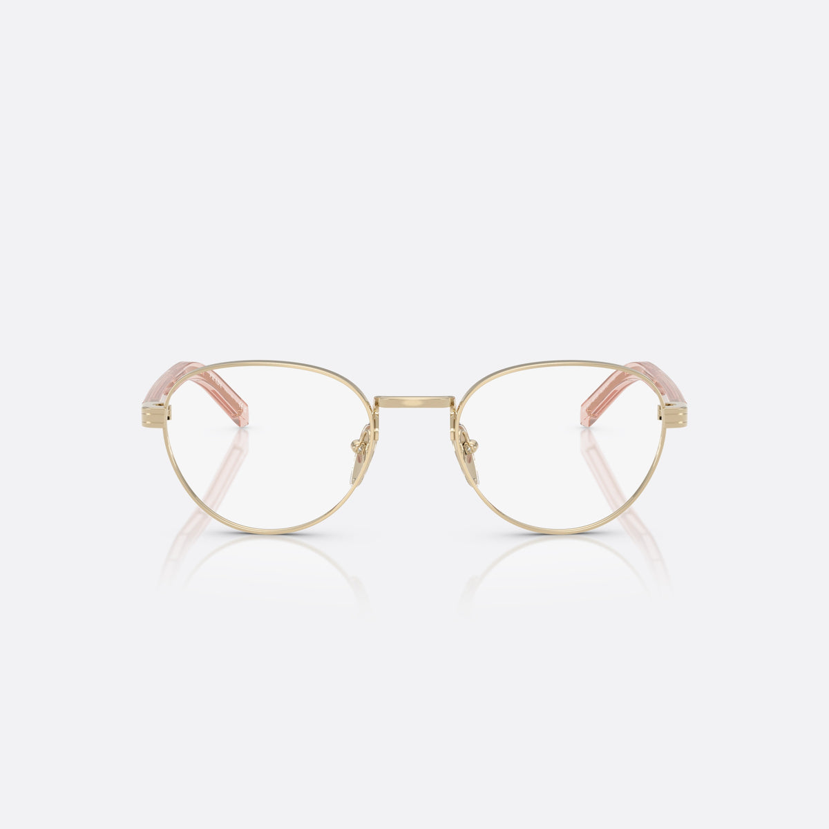 Prada PR B53V ACX1O1 eyeglasses, gold round frame for women, metal saddle bridge, brand lettering on temples, front view