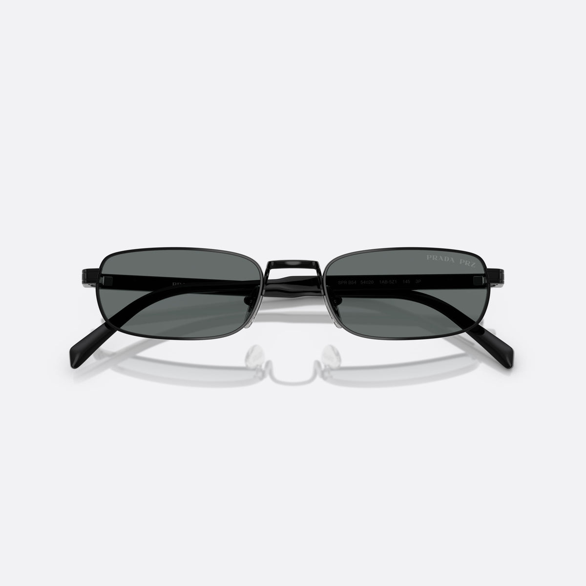 Prada PR B54S 1AB5Z1 sunglasses, black rectangle frame for men, plain metal bridge, brand lettering on temples, folded