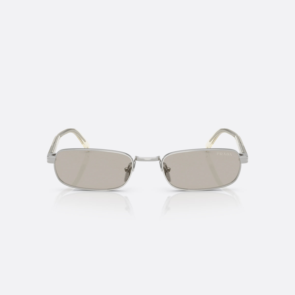 Prada PR B54S 1BC30P sunglasses, silver rectangle frame for men, plain metal bridge, brand lettering on the temples, front view