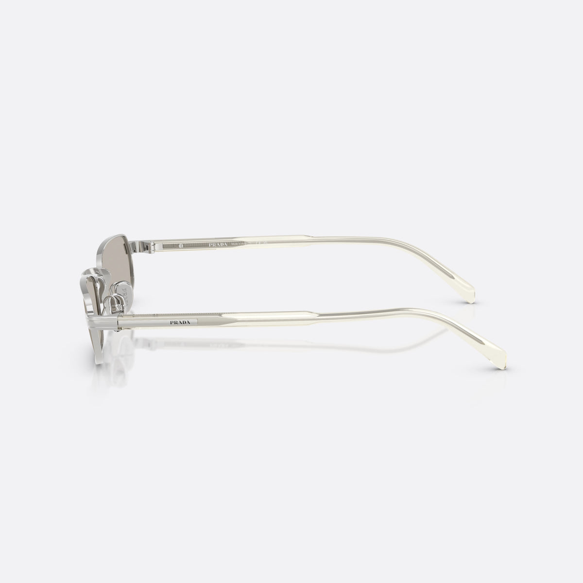 Prada PR B54S 1BC30P sunglasses, silver rectangle frame for men, plain metal bridge, brand lettering on the temples, side view