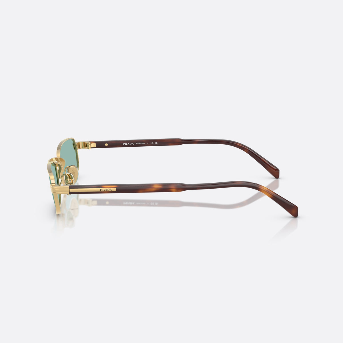 Ochelari de soare Prada PR B54S 5AK40K, rectangulari auriu, pentru bărbați, punte metalică simplă, literele brandului pe rama lentilei, vedere laterală