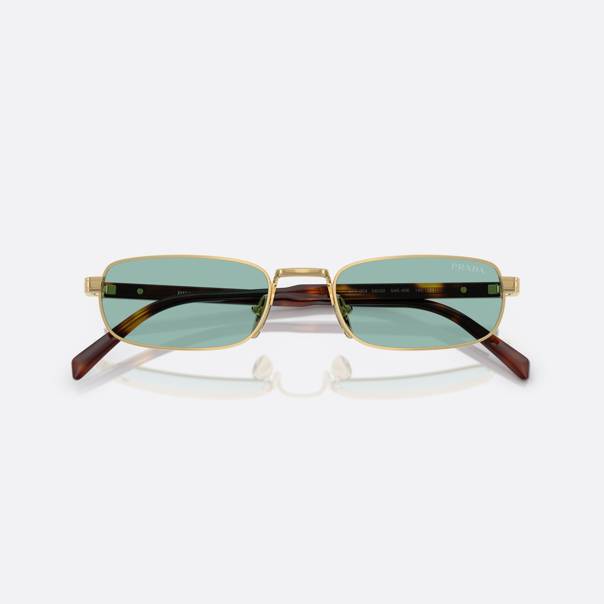 Ochelari de soare Prada PR B54S 5AK40K, rectangulari auriu, pentru bărbați, punte metalică simplă, literele brandului pe rama lentilei, cu brațele pliate