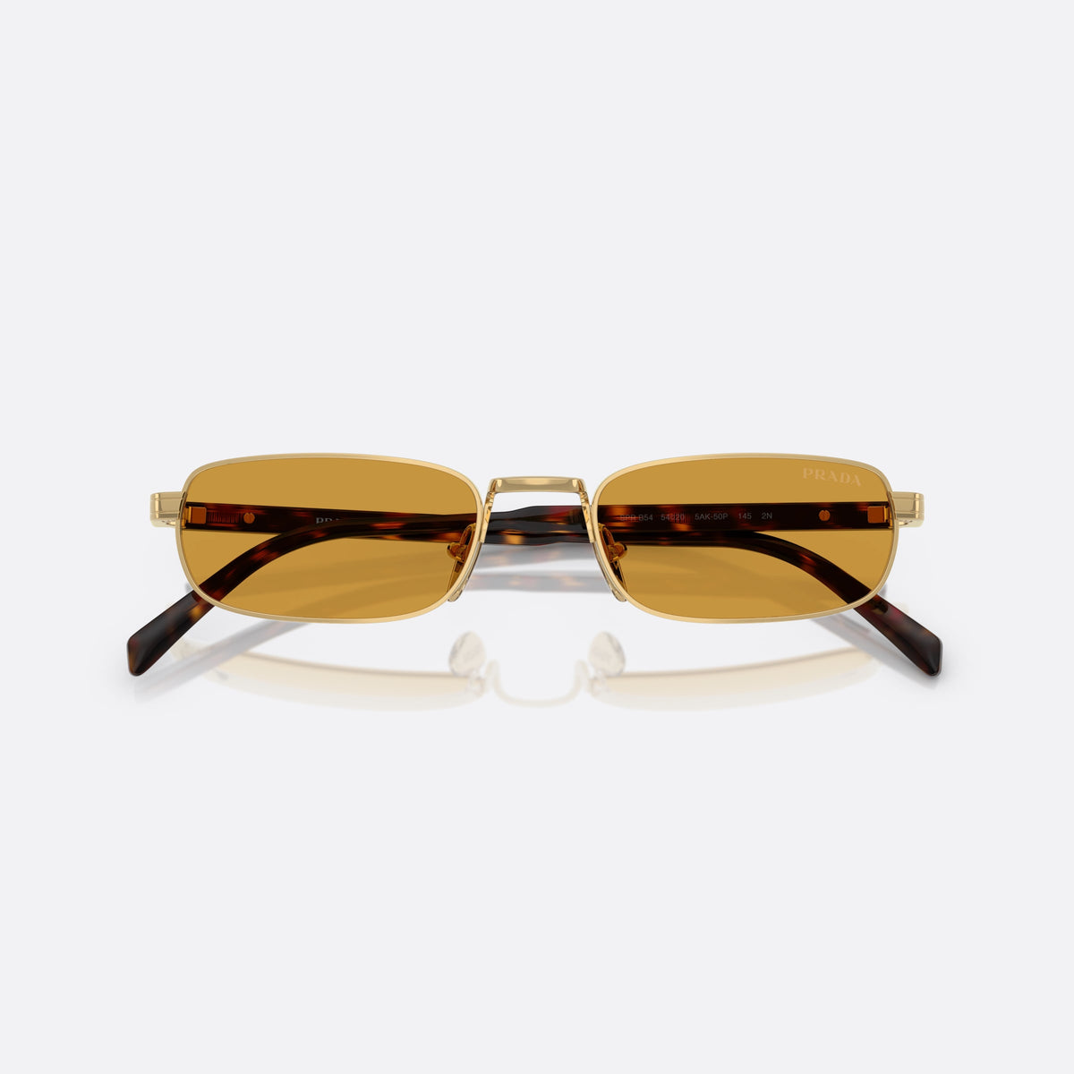 Ochelari de soare Prada PR B54S 5AK50P, rectangulari auriu, pentru bărbați, punte metalică simplă, literele brandului pe brațe, cu brațele pliate
