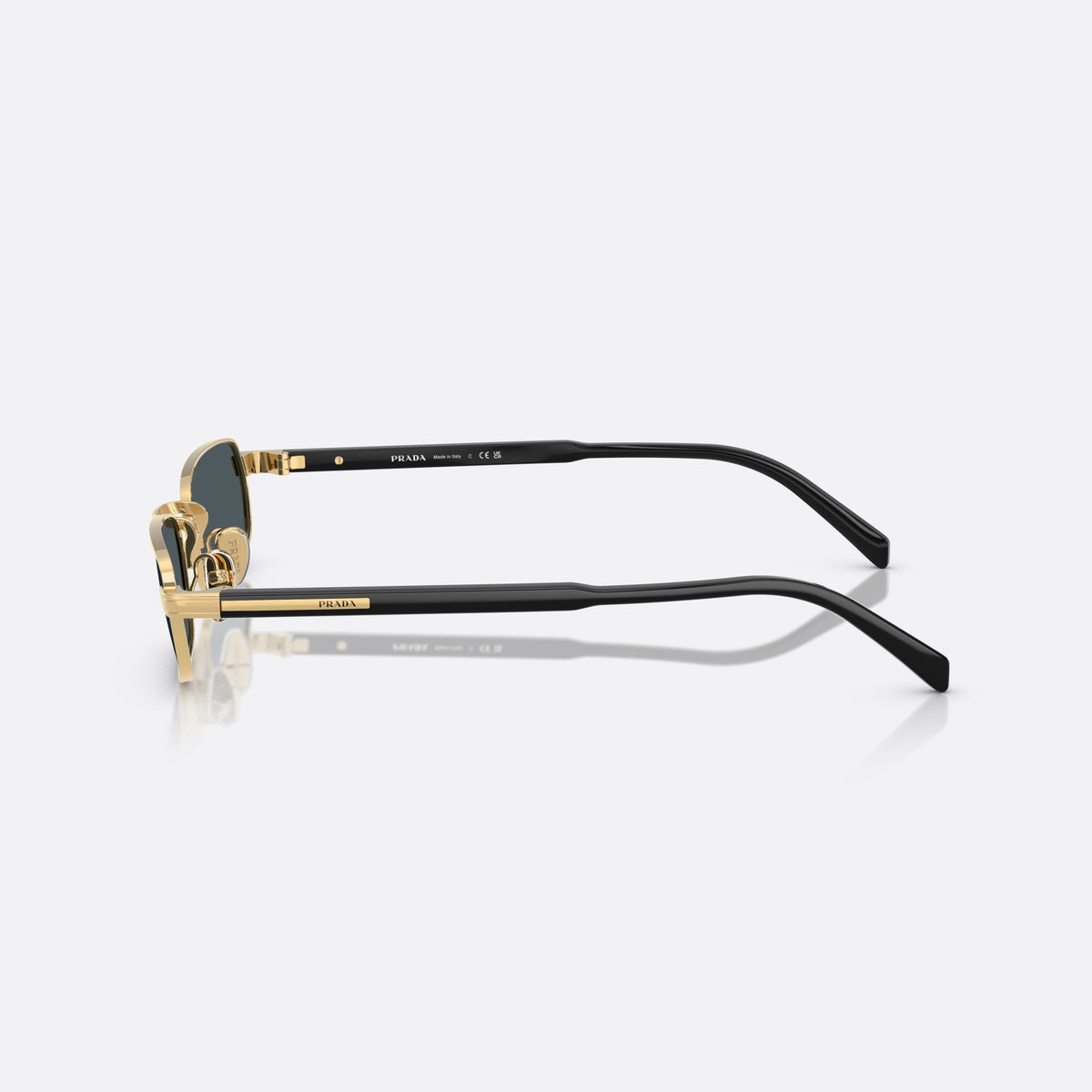 Prada PR B54S 5AK70B sunglasses, gold rectangle frame for men, plain metal bridge, brand lettering on temples, side view