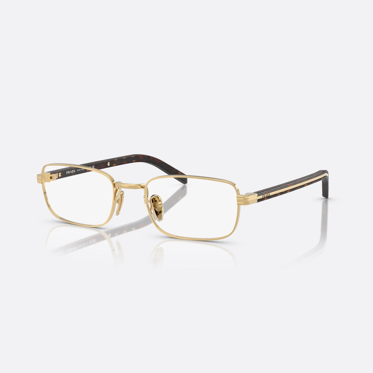 Prada PR B54V 5AK1O1 eyeglasses, gold visor frame for women, plain metal bridge, brand lettering on temples