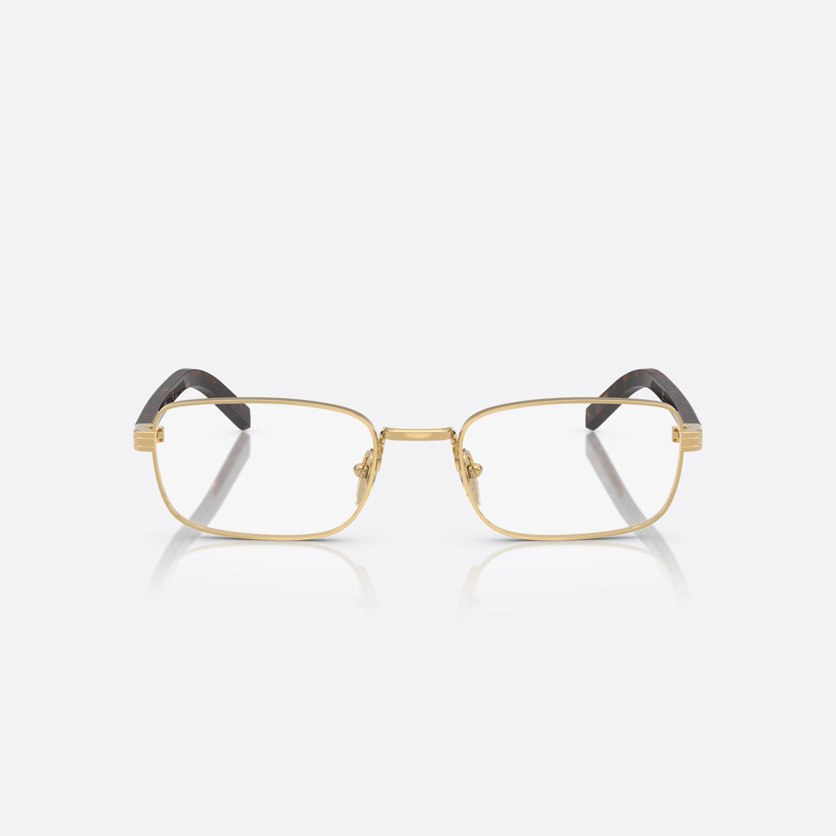 Prada PR B54V 5AK1O1 eyeglasses, gold visor frame for women, plain metal bridge, brand lettering on temples, front view