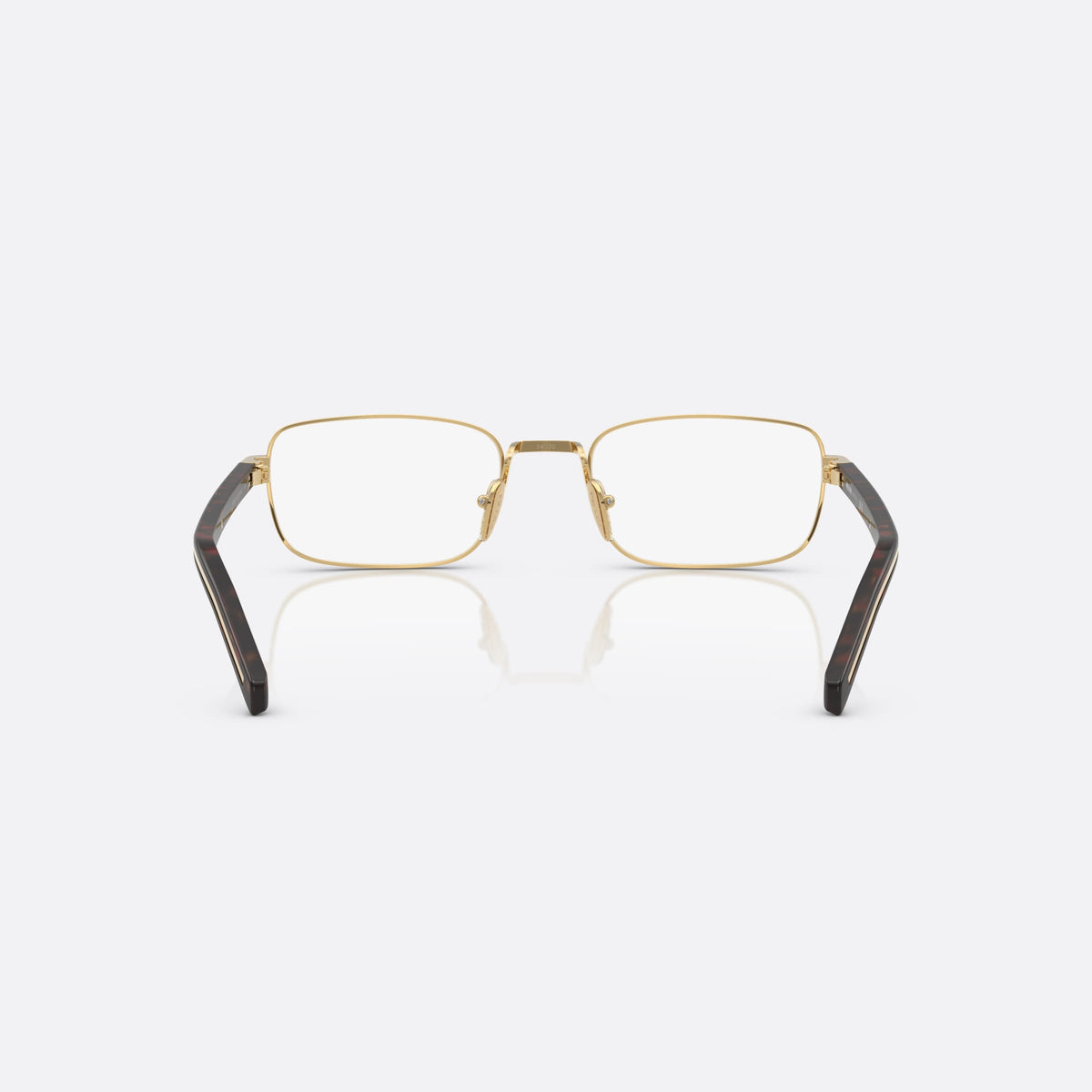 Prada PR B54V 5AK1O1 eyeglasses, gold visor frame for women, plain metal bridge, brand lettering on temples, back view