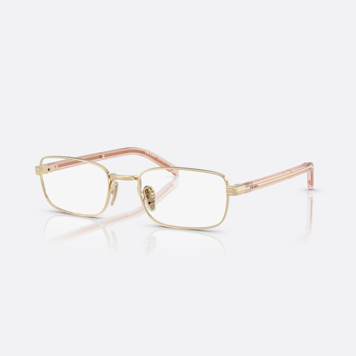 Prada PR B54V ACX1O1 eyeglasses, gold visor frame for women, plain metal bridge, brand lettering on temples