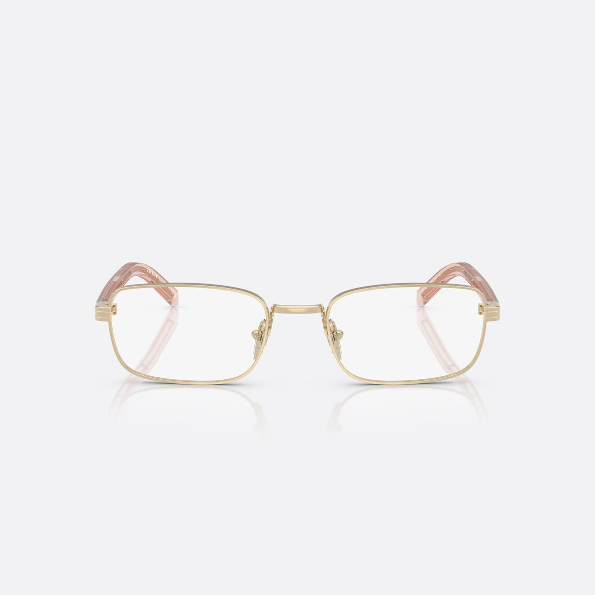 Prada PR B54V ACX1O1 eyeglasses, gold visor frame for women, plain metal bridge, brand lettering on temples, front view