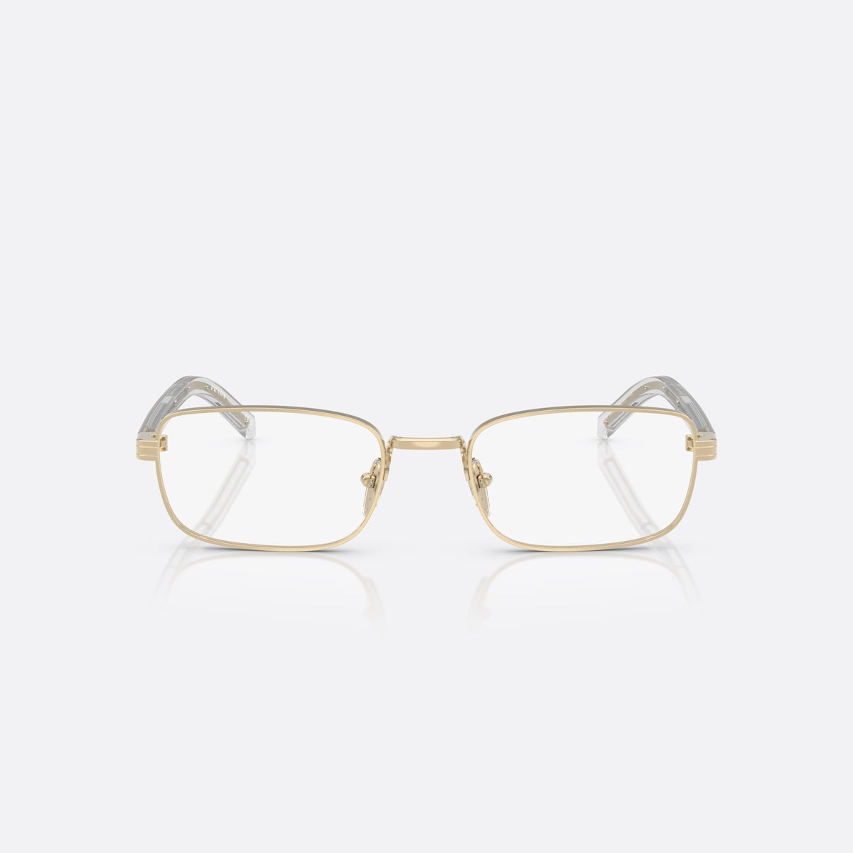 Prada PR B54V ZVN1O1 eyeglasses, gold visor frame for women, plain metal bridge, brand lettering on the temples, front view