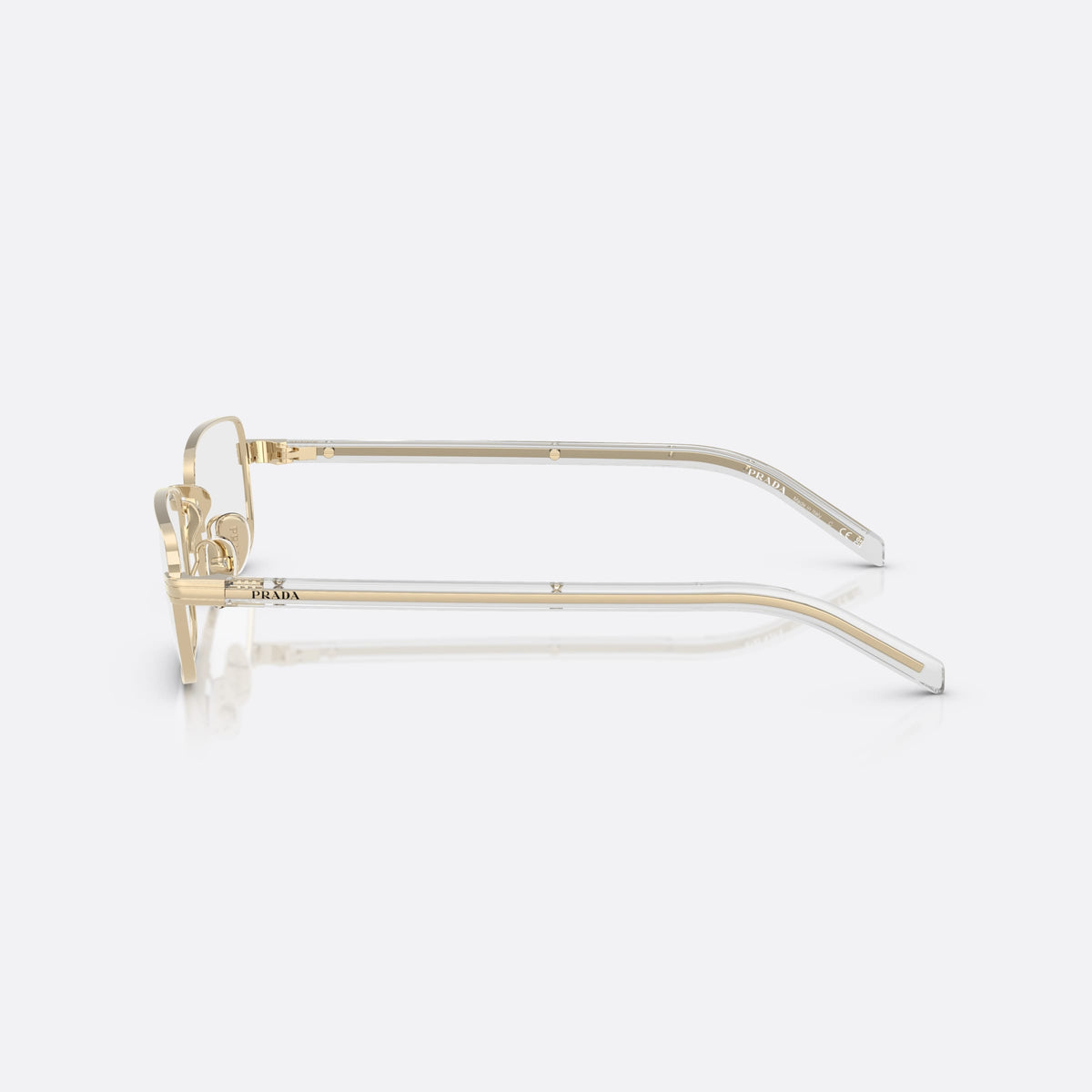 Prada PR B54V ZVN1O1 eyeglasses, gold visor frame for women, plain metal bridge, brand lettering on the temples, side view