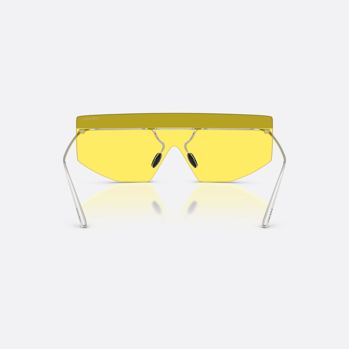 Prada PR B55S 1BC20O sunglasses, silver irregular frame for men, integrated bridge over nose, brand lettering on temples, back view