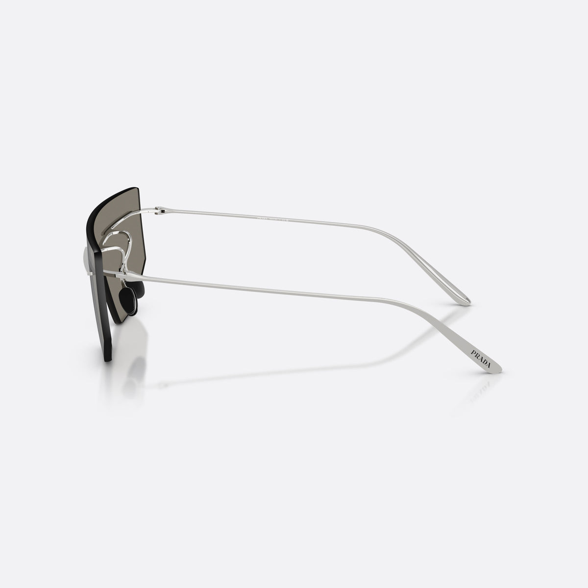 Prada PR B55S 1BC60N sunglasses, silver irregular frame for men, integrated metal bridge bar, slim tapered metal temples, side view