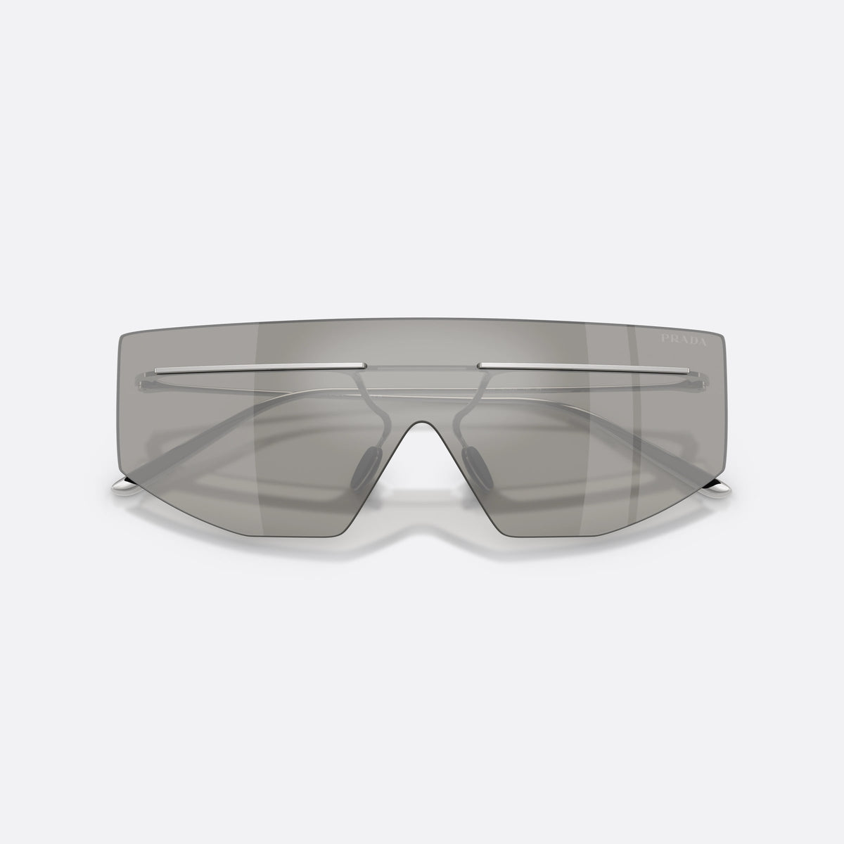 Prada PR B55S 1BC60N sunglasses, silver irregular frame for men, integrated metal bridge bar, slim tapered metal temples, folded