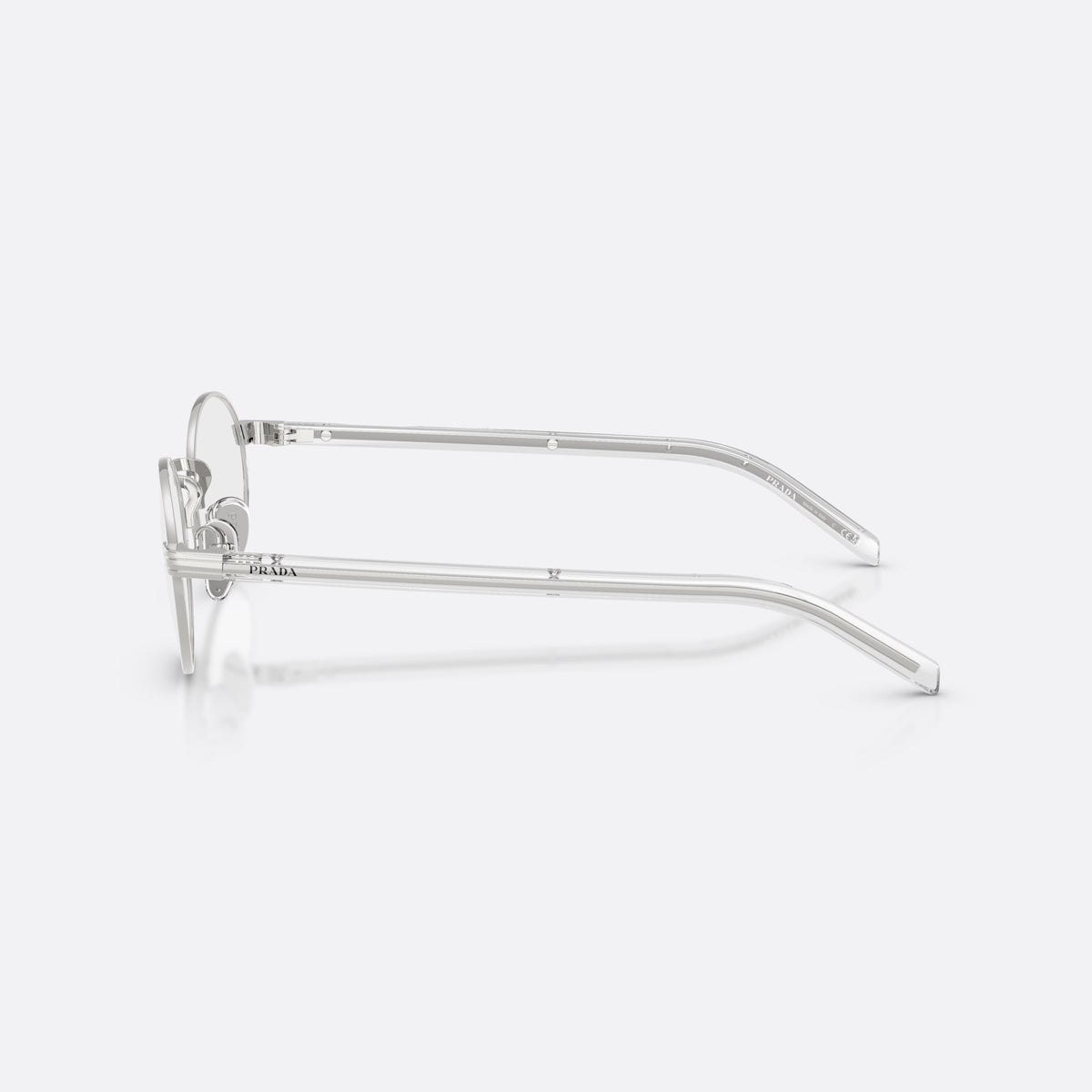 Rame ochelari de vedere Prada PR B55V 1BC1O1, ovali argintiu, pentru femei, punte metalică simplă, literele brandului pe braț, vedere laterală