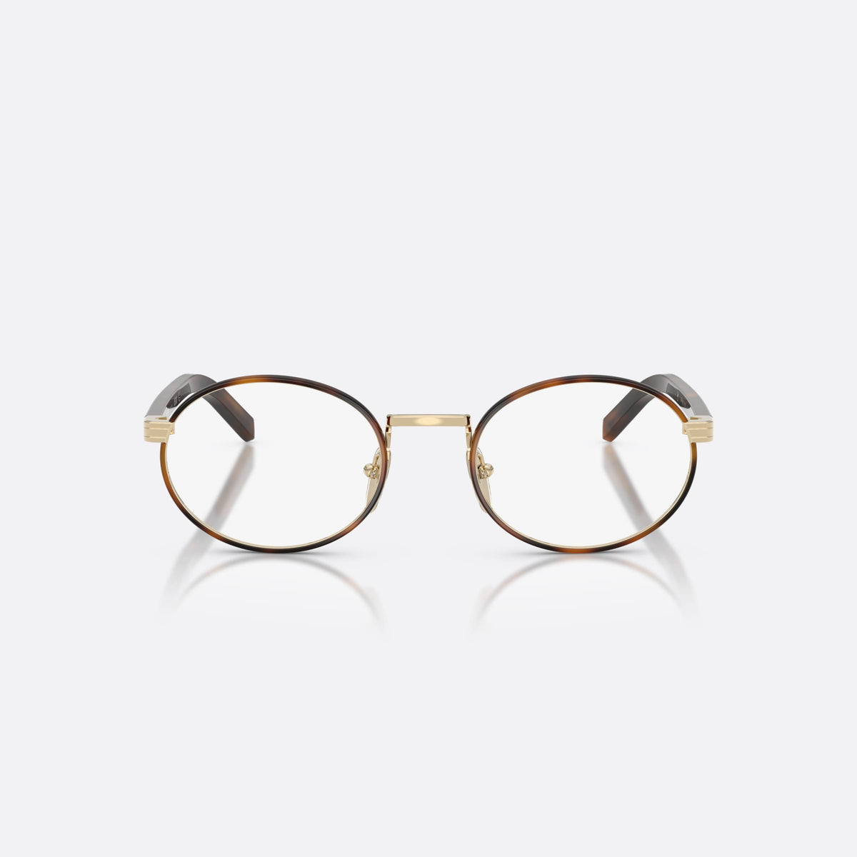 Prada PR B55V 20L1O1 eyeglasses, havana oval frame for women, plain metal bridge, brand lettering on temples, front view
