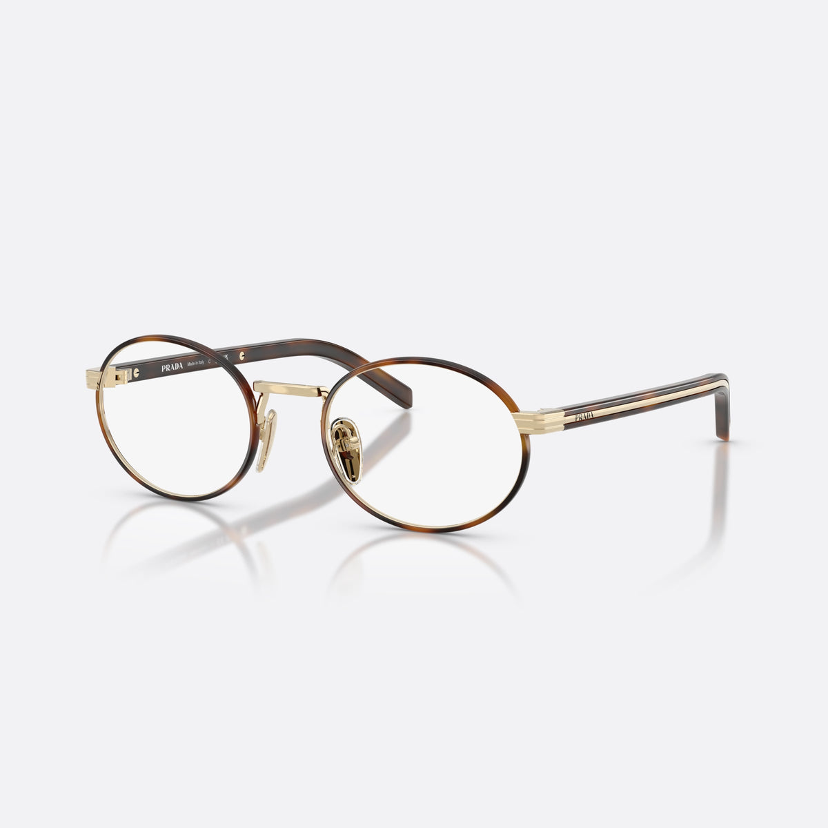 Prada PR B55V 20L1O1 eyeglasses, havana oval frame for women, plain metal bridge, brand lettering on temples