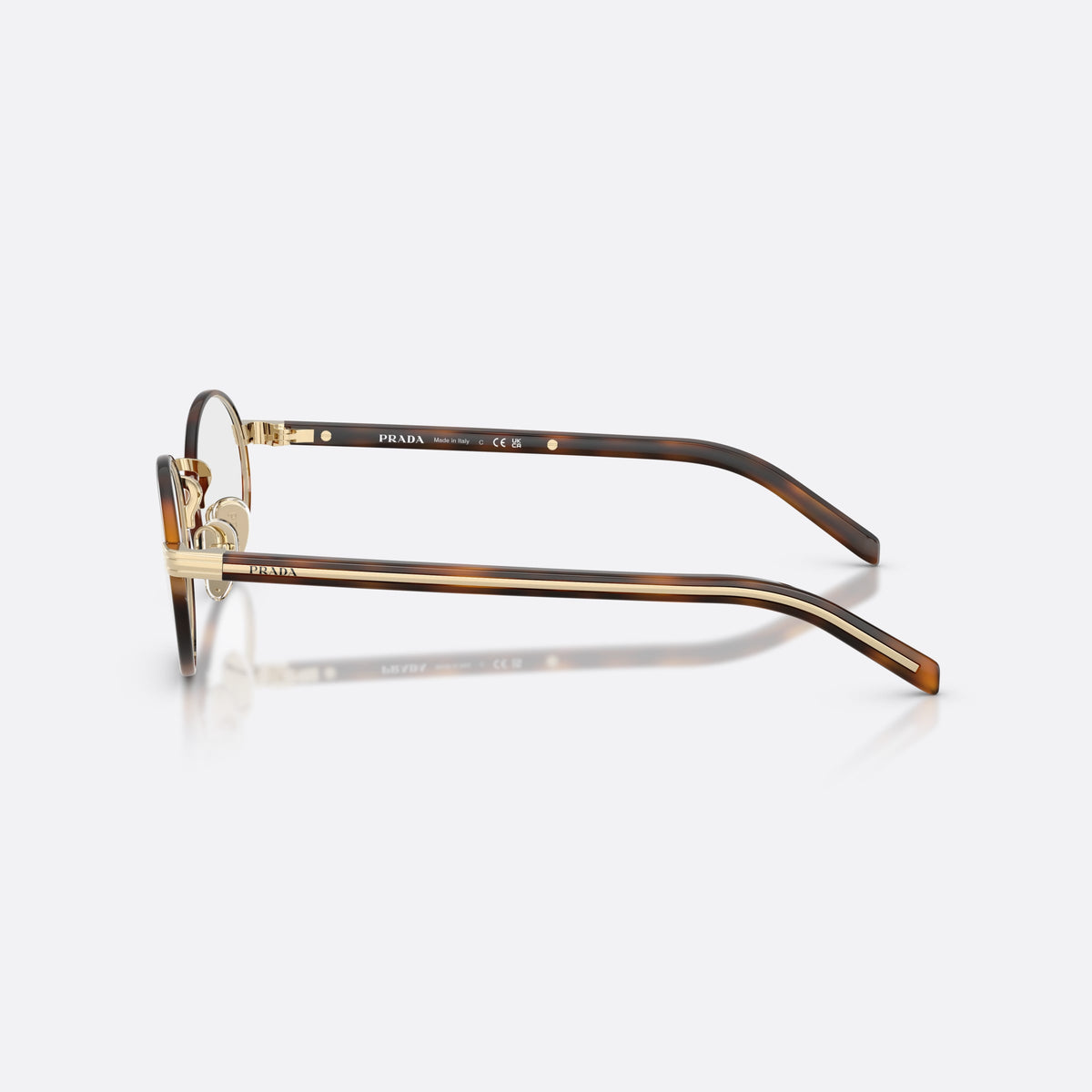 Prada PR B55V 20L1O1 eyeglasses, havana oval frame for women, plain metal bridge, brand lettering on temples, side view