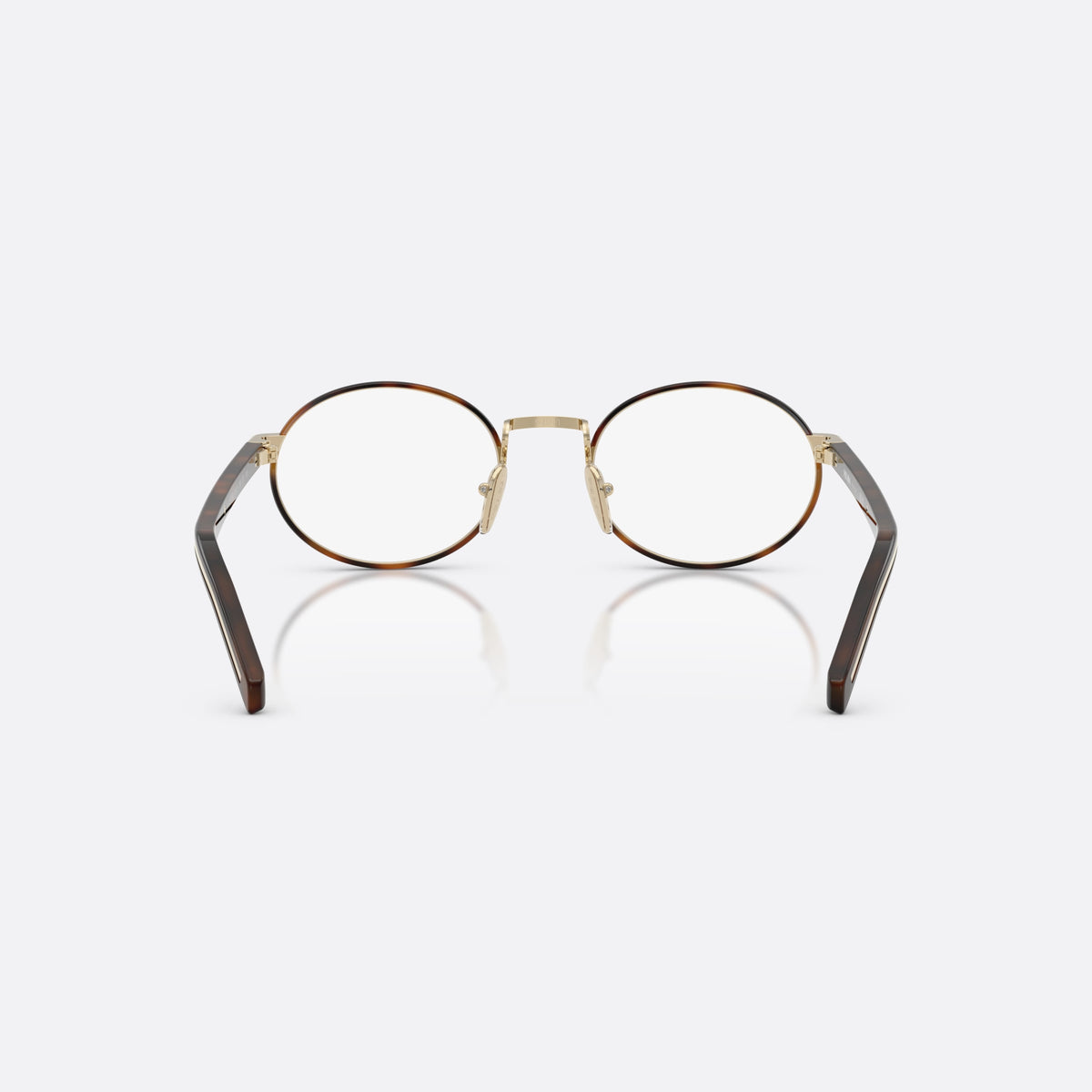 Prada PR B55V 20L1O1 eyeglasses, havana oval frame for women, plain metal bridge, brand lettering on temples, back view