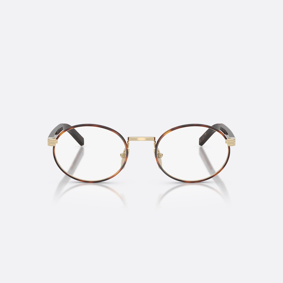 Rame ochelari de vedere Prada PR B55V 21E1O1, ovali havana, pentru femei, punte metalică tip șa, literele brandului pe brațe, vedere din față