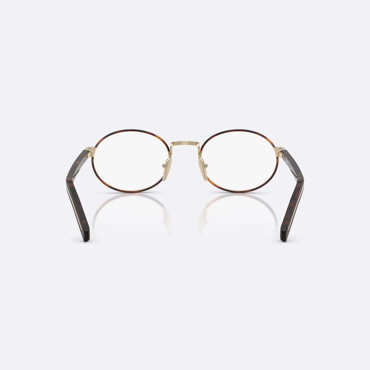 Rame ochelari de vedere Prada PR B55V 21E1O1, ovali havana, pentru femei, punte metalică tip șa, literele brandului pe brațe, vedere din spate