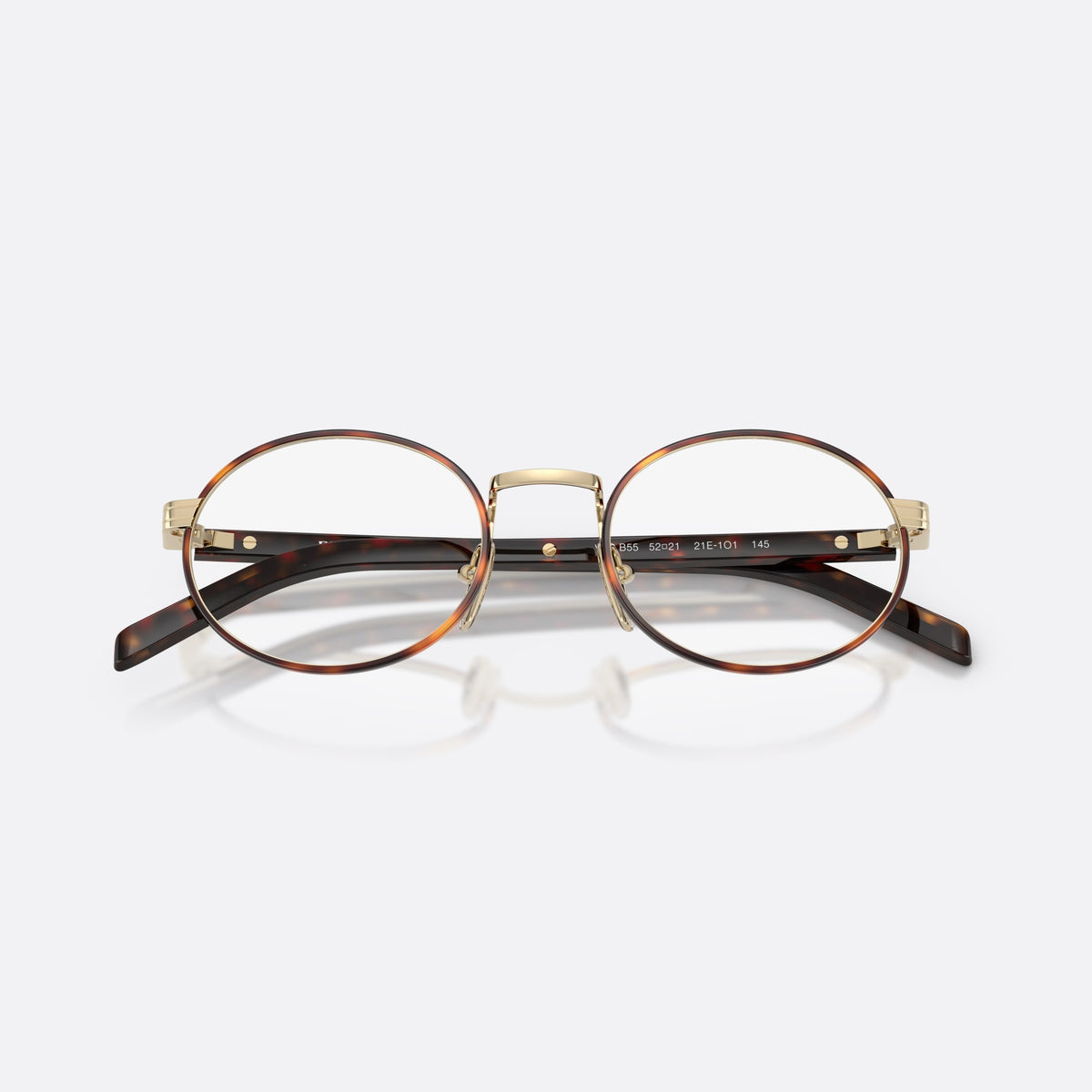 Rame ochelari de vedere Prada PR B55V 21E1O1, ovali havana, pentru femei, punte metalică tip șa, literele brandului pe brațe, cu brațele pliate