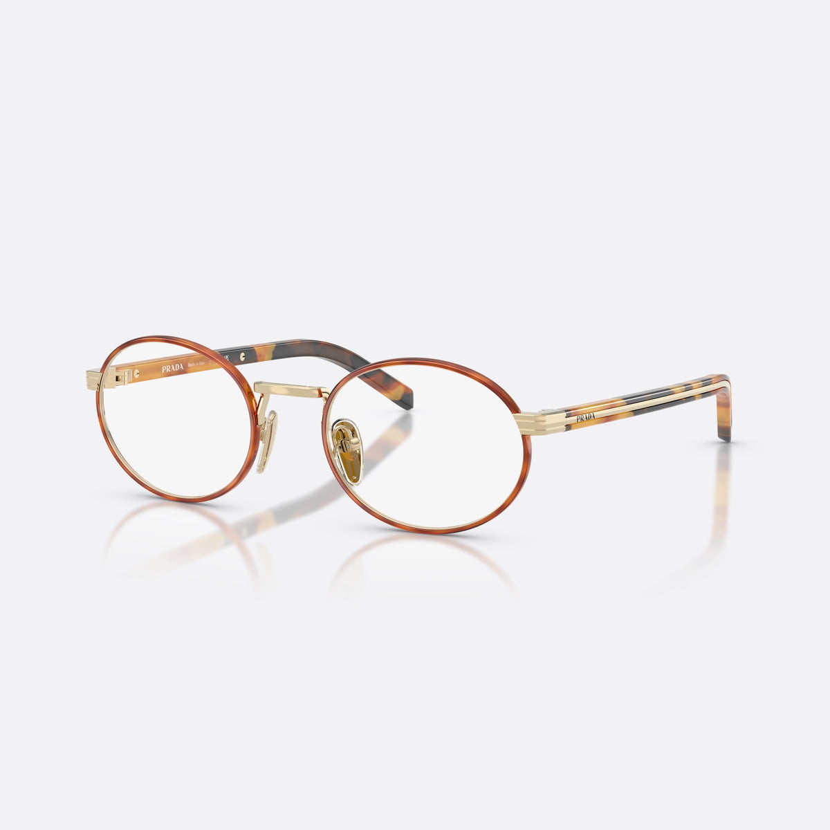 Prada PR B55V 22E1O1 eyeglasses, havana oval frame for women, plain metal bridge, brand lettering on temples