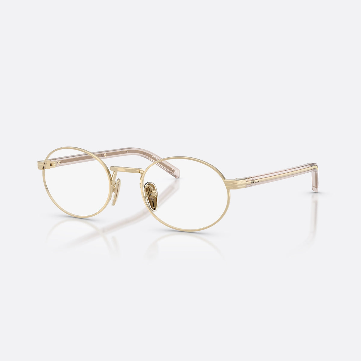 Prada PR B55V ZVN1O1 eyeglasses, gold oval frame for women, plain metal bridge, brand lettering on temples