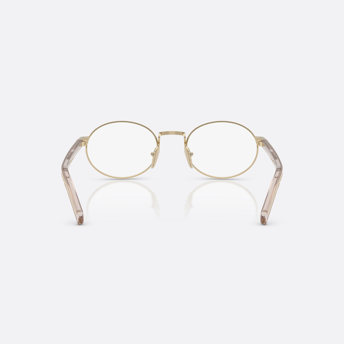 Prada PR B55V ZVN1O1 eyeglasses, gold oval frame for women, plain metal bridge, brand lettering on temples, back view