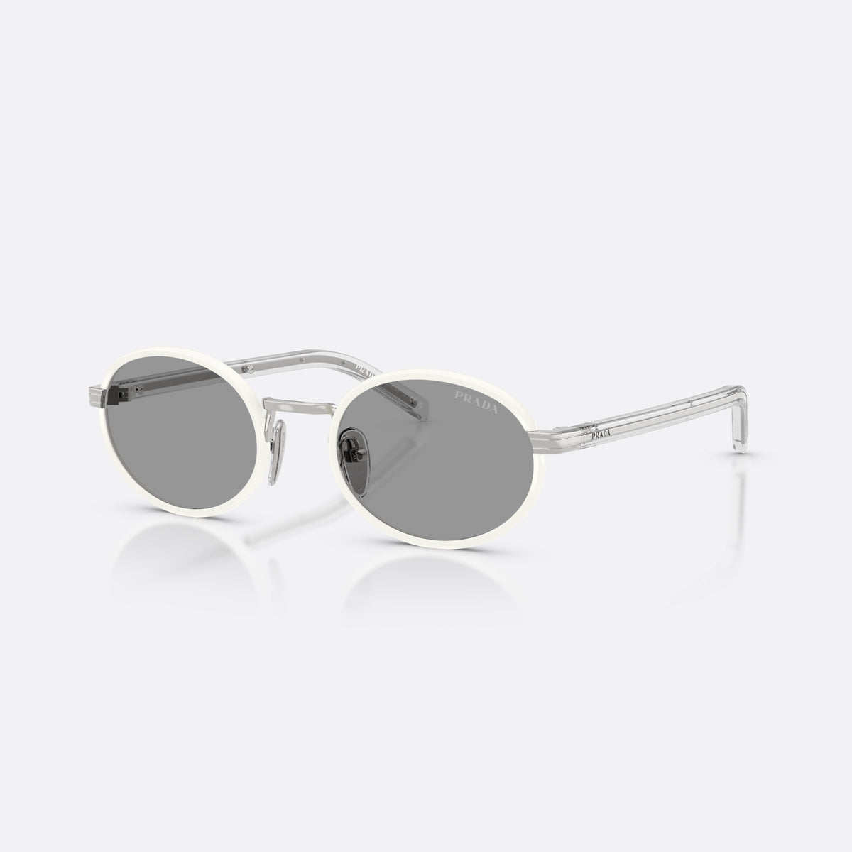 Ochelari de soare Prada PR B56S 23E50Q, ovali alb, pentru femei, punte metalică simplă, literele brandului pe brațe