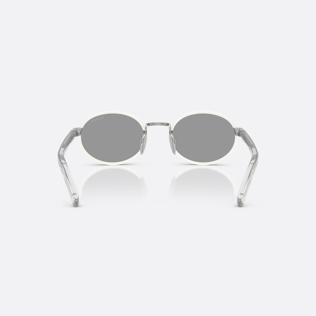 Ochelari de soare Prada PR B56S 23E50Q, ovali alb, pentru femei, punte metalică simplă, literele brandului pe brațe, vedere din spate