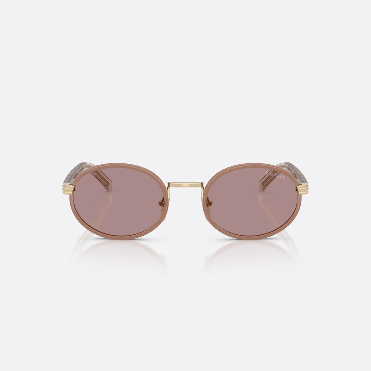 Prada PR B56S 24E20I sunglasses, brown oval frame for women, plain metal bridge, brand lettering on temples, front view