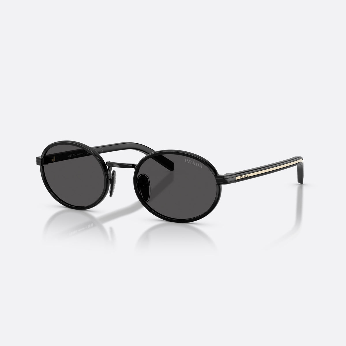Prada PR B56S AAV08Z sunglasses, black oval frame for women, plain metal bridge, brand lettering on temples