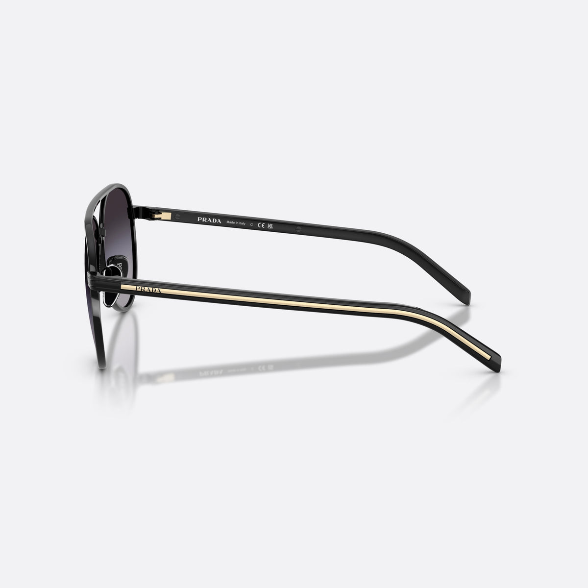 Prada PR B57S AAV90A sunglasses, black pilot frame for women, double bridge with top bar, brand lettering on temples, side view