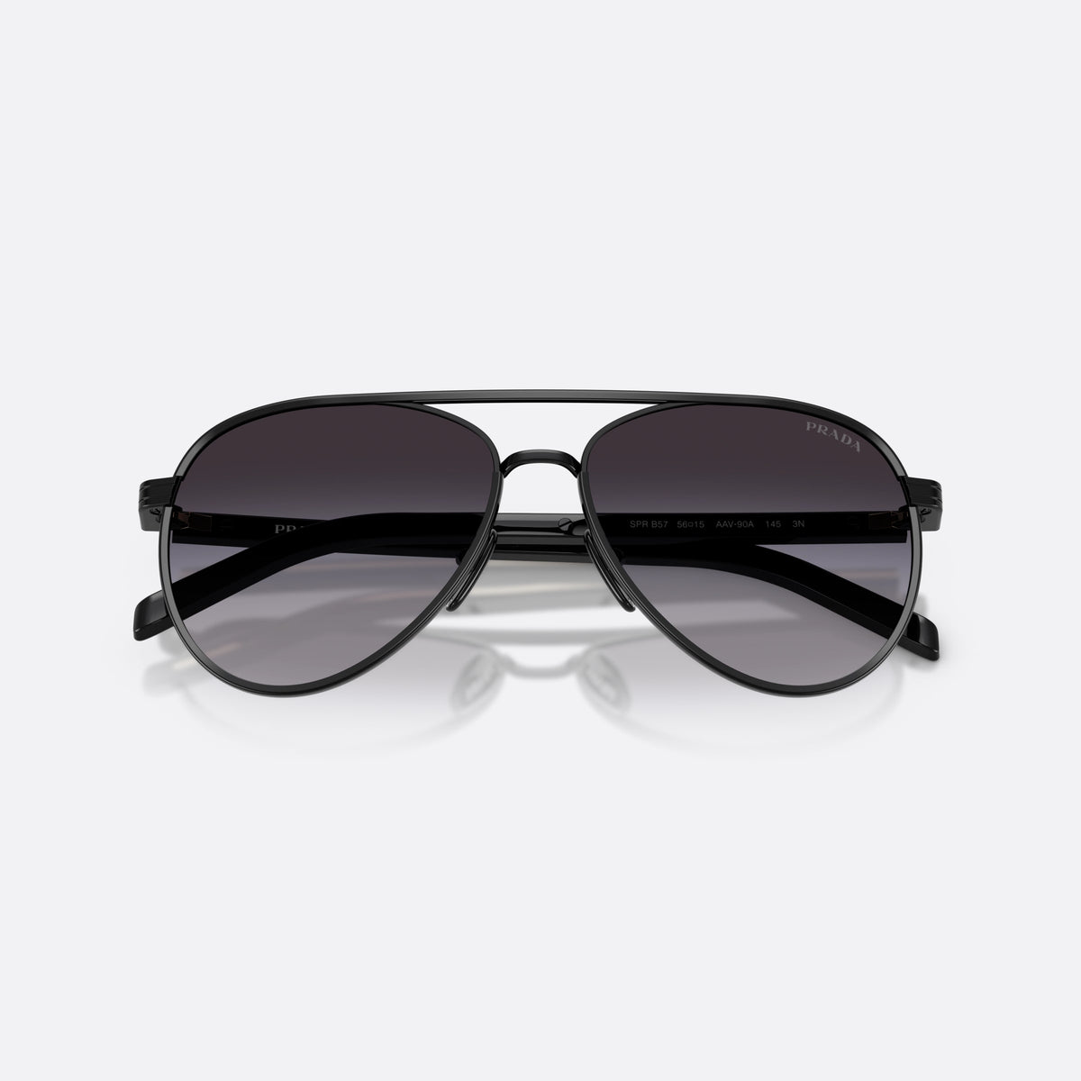 Prada PR B57S AAV90A sunglasses, black pilot frame for women, double bridge with top bar, brand lettering on temples, folded