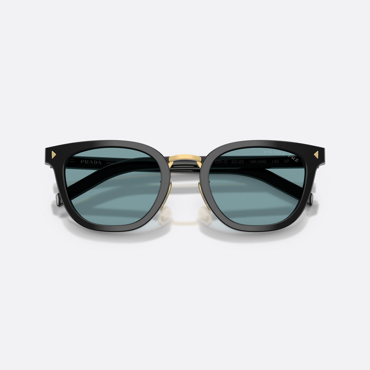 Prada PR C01SD 16K04D sunglasses, black cat eye frame for men, brand lettering on temples, slim flat temples, folded