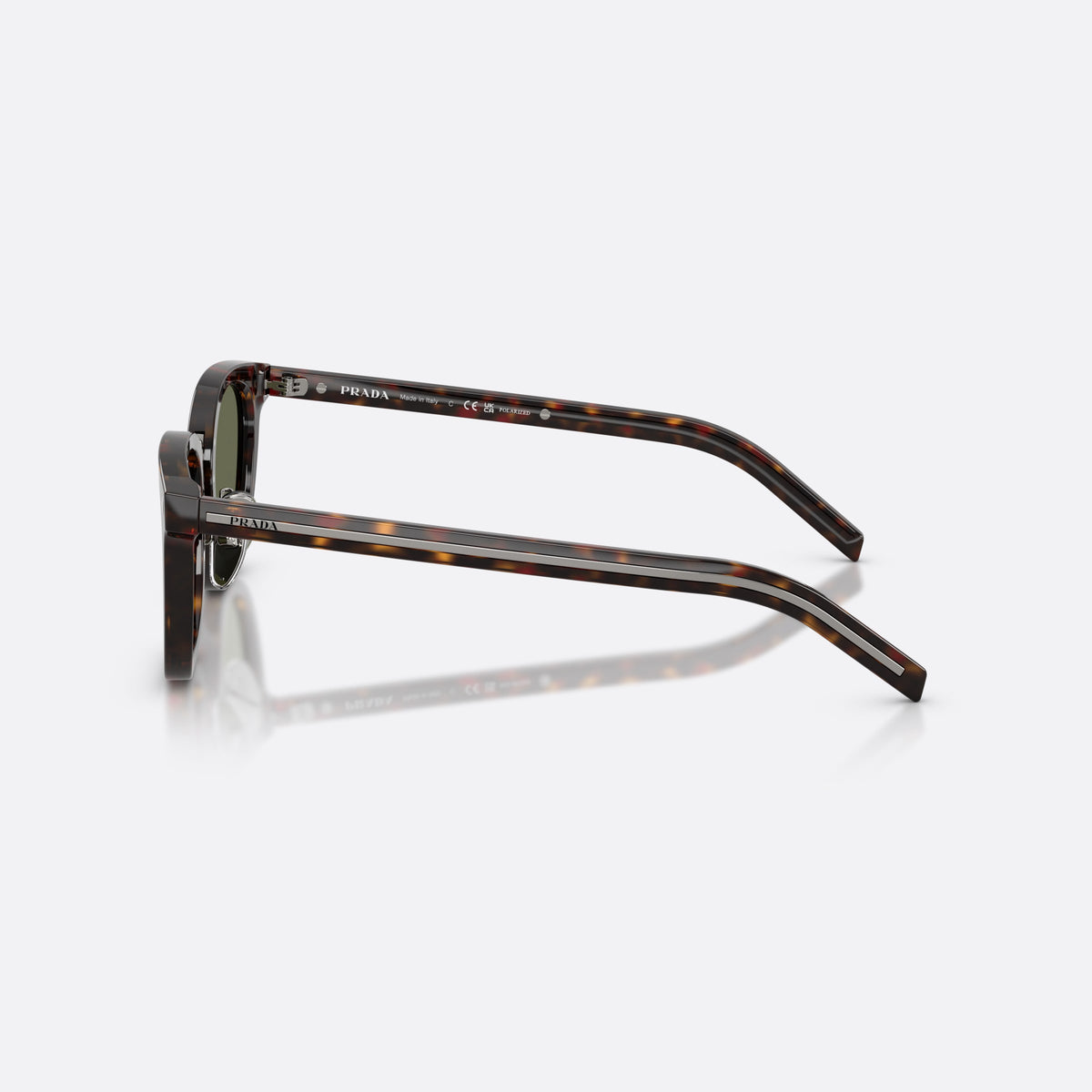 Ochelari de soare Prada PR C01SD 17N03R, cat eye havana, pentru bărbați, logo al brandului pe colțurile rămei, vedere laterală