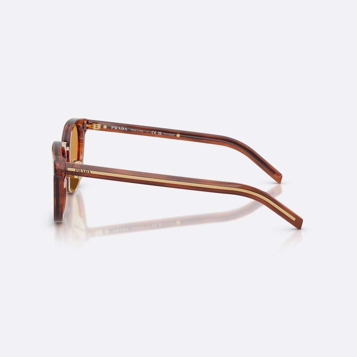 Prada PR C01SD 27F60F sunglasses, brown cat eye frame for men, brand lettering on temples, full-rim frame, side view